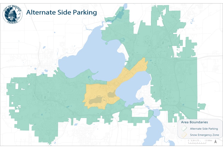 Map showing boundaries of the Snow Emergency Zone in yellow, and the Alternate Side Parking areas in green.