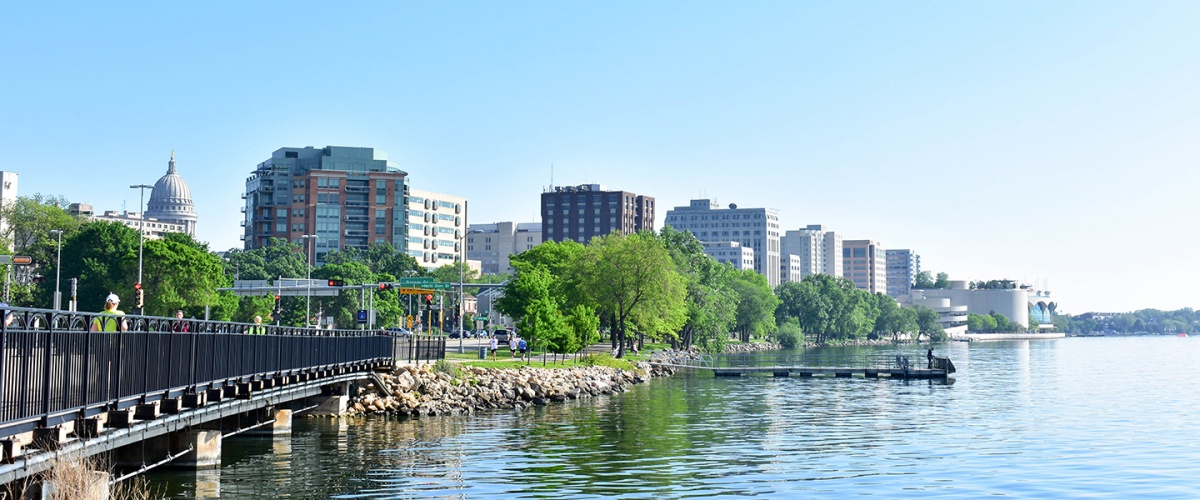View of skyline from Capital City Trail along John Nolen Drive